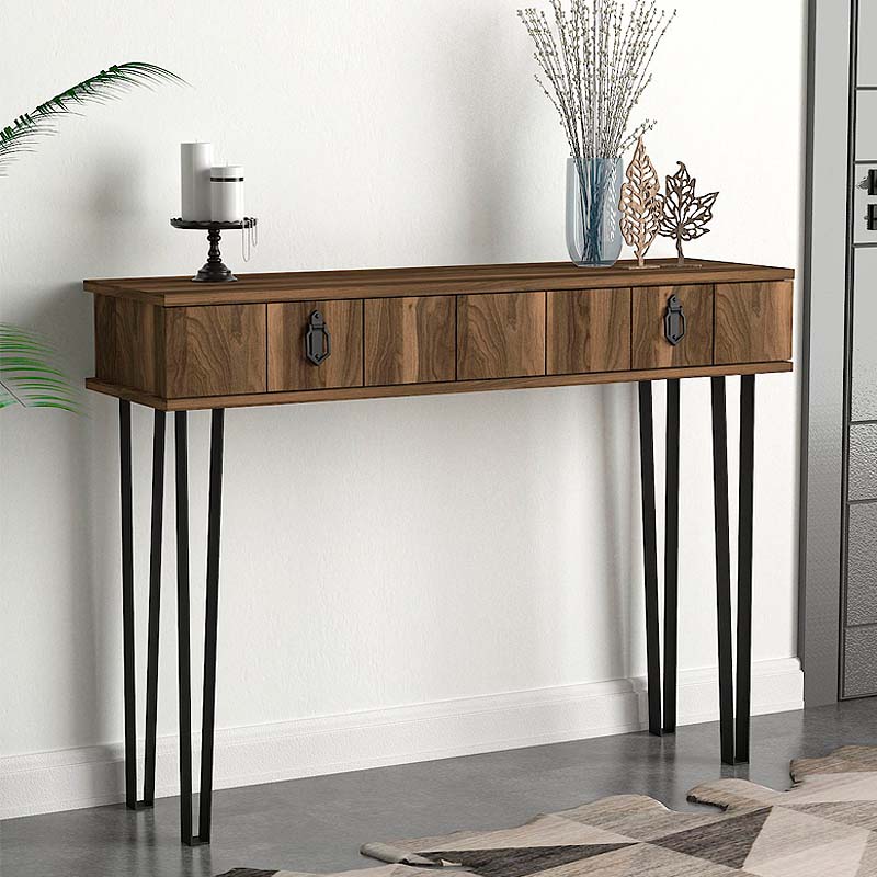 Console Table GARNI in walnut finish, featuring a large drawer and metal legs, ideal for home or office use.